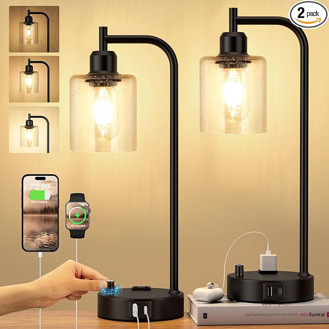 Industrial Bedside Lamps Set of 2, Fully Dimmable Desk Lamps for Bedroom | Glass Shade, USB C+A Charging Port & Outlet, Black Nightstand Table Lamps for Living Room, Office, Reading, Vintage
