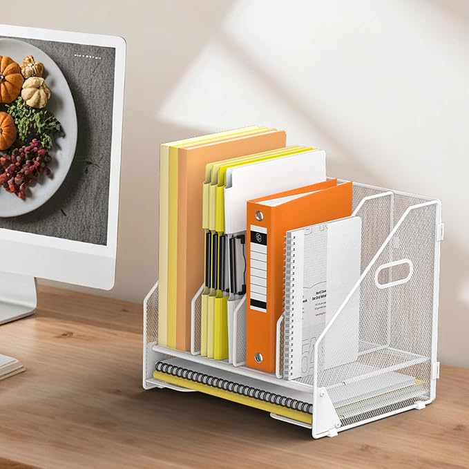 Docnest Mesh Desk File Organizer, 4 Vertical Compartment Box Sorter, White | Features 3 removable middle dividers for custom spacing and a bottom letter tray to hold paper, mail, and documents