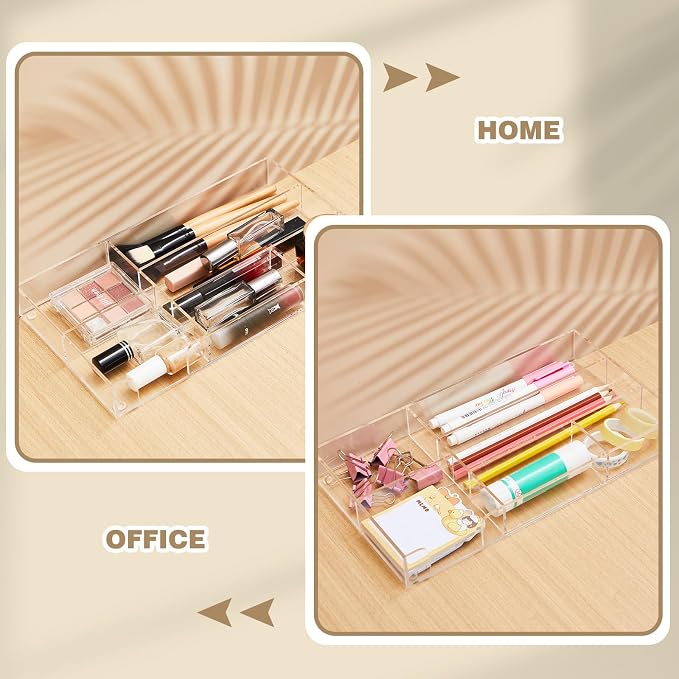 Briwooody 2 Pcs Clear Acrylic Desk Drawer Organizer 11 x 6 x 1.38 Inch Drawer Organizer Trays with 6 Compartments Desk Accessories for Office Makeup Silverware Bathroom
