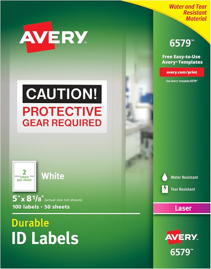 Avery Durable White Cover Up ID Labels for Laser Printers, 5" x 8.125", Pack of 100 (6579)