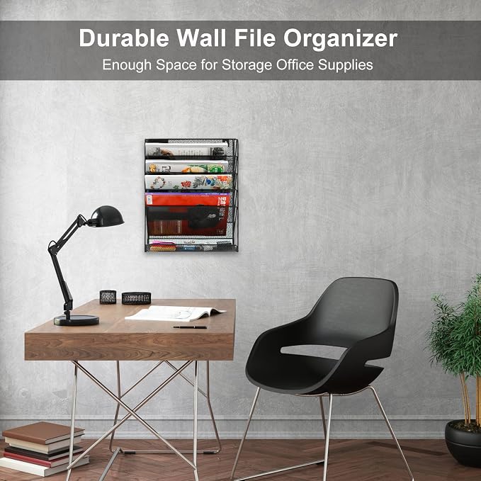 EasyPAG 5 Tier Wall File Holder, Mesh Hanging Folder Organizer with Classify Label, Versatile Desk File Holder, Vertical Wall Mounted Mail Organizer for Office Home Cubicle, Black