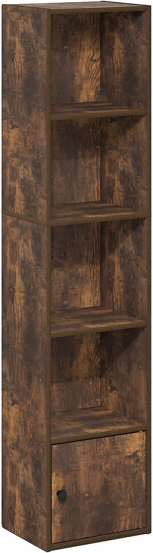 Furinno LUDER Book Shelf, 5-Tier Bookshelf with Open Shelf, Standing Bookcase with 1 Door Cabinet, 9.3 x 12 x 52, for Organization and Storage, for Living Room, Bedroom, Home Office, Amber Pine
