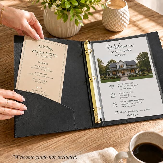 Paper 'n Such Welcome Binder for Short Term Rentals – Black Faux Leather 3 Ring Folder for Airbnb, Vacation Home, House Manual & Guest Information - Letter Size