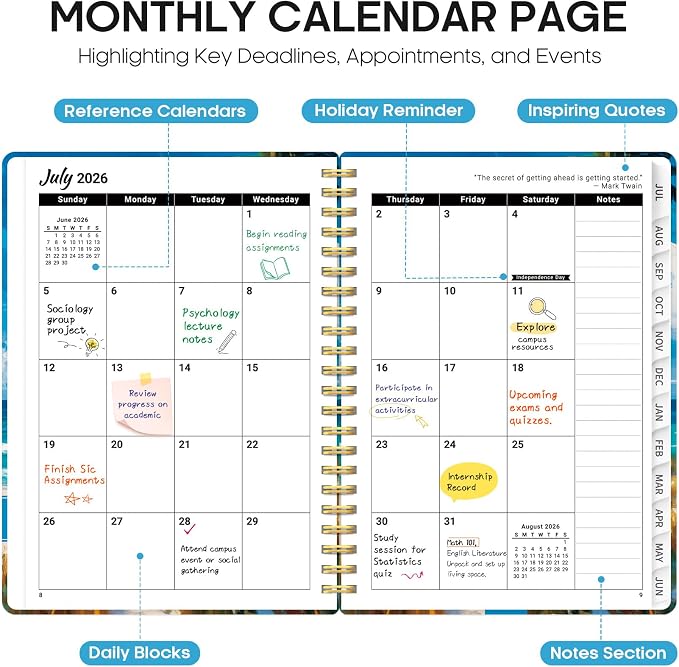 Planner 2026-2027, Monthly & Weekly Jul 2026-Jun 2027 Calendar Book | 6.3" x 8.5", Hardcover Spiral Planner with Tabs, School & Daily Pretty Agenda for Women, Students, Teachers, Coastal Breeze
