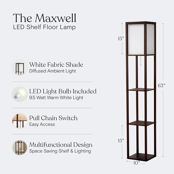 Brightech Maxwell - Modern Shelf Floor Lamp with Lamp Shade & Warm White LED Bulb, Corner Display Floor Lamp with Shelves for Living Room, Bedroom, Nightstand Office, Home Decor Storage - Havana Brown