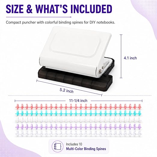 10 Hole Punch Binding Machine Kit for Planner (White) with 10 Multi-Color Spiral Coils, Adjustable A4 A5 B5 Paper Puncher, DIY Notebook Scrapbook Maker for Home Office School Organization