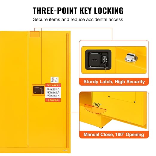 VEVOR Flammable Cabinet, 45 Gal, 18" x 43" x 65", Yellow | Cold-Rolled Steel, Explosion Proof, 2 Adjustable Shelves, 2 Manual Doors, Industrial Use