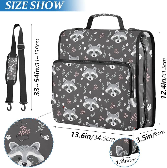 3 Ring Zipper Binder with Shoulder Strap Raccoon Grey 2 Inch Zippered Binder Bag 500 Sheet Capacity Multi Pockets for School Supplies