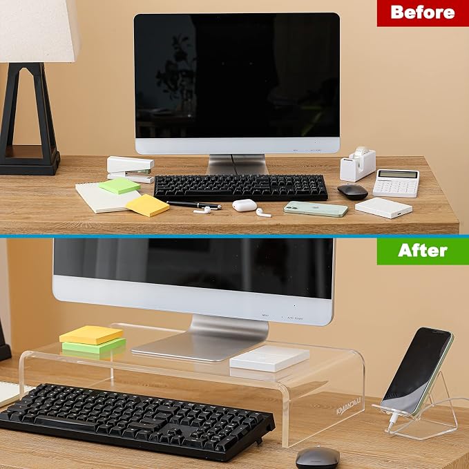 20"x10"x4" Acrylic Monitor Stand, Clear Laptop Riser with Bonus Phone Stand | Extra-Wide Clear Premium Acrylic Computer Stand, Monitor Riser & Ergonomic Desk Organizer Shelf for Office, Home, Printer, TV