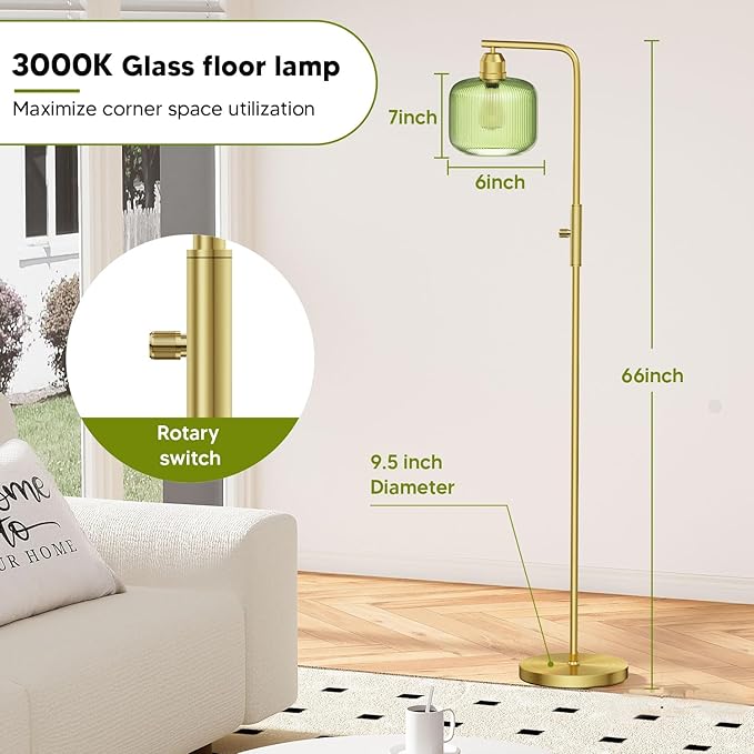 66" Dimmable Gold Standing Lamp with Green Ribbed Glass for Living Room | Vintage Floor Lamp with Brushed Gold, Stepless Rotary Switch and 3000K LED Bulb, Arc Floor Lamp for Bedroom & Study Room