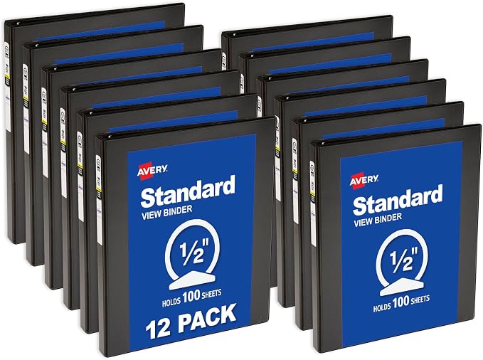 Avery Standard View 3 Ring Binders, 0.5" Round Rings, 100-Sheet Capacity, 0.7 Inch Wide Spine, Black Binders, Ideal for Lightweight Organization and Occasional Referencing (12-Pack of 05705)