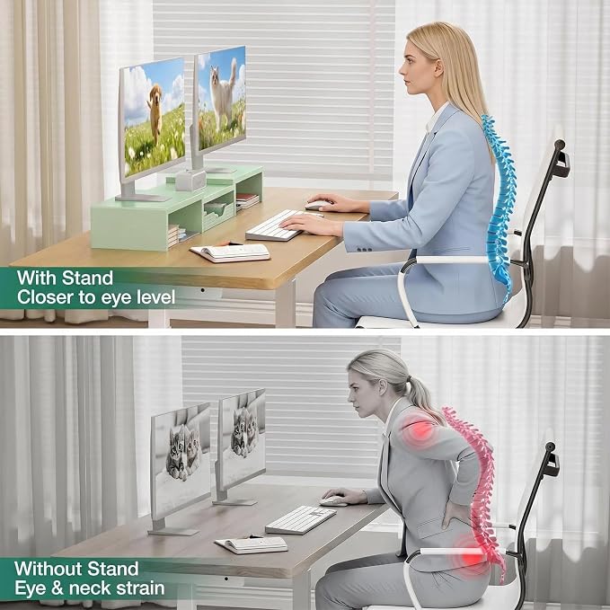 Dual Computer Monitor Stand Riser, Desk Organizer with Drawer, Office Desk Accessories & Workspace Organizers for Home Office Supplies, Green