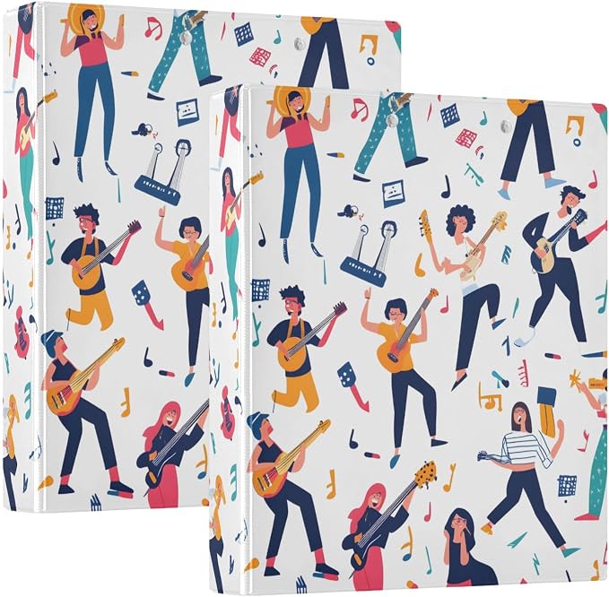 3 Ring Binder Music Girls Boys Doodle 1.5 inch Binders Three Ring Binders with Clipboard Fit 8.5'' x 11'' Paper 3 Interior PVC Clear Pockets for Office Supplies