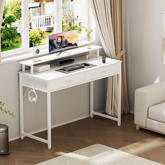 DUMOS 40-Inch Computer Desk with Drawers and Monitor Stand, White | Small Writing Desk for Home Office with Headphone Hook, Compact Study Table for Bedroom