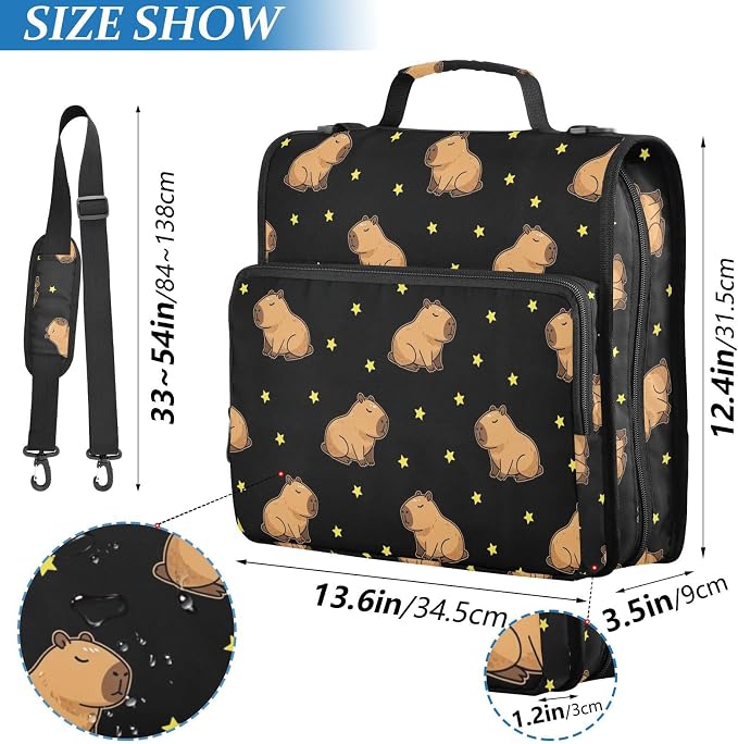 Capybara Stars Black Print Zipper Binder Bag 3 Ring with Shoulder Strap & Handle Multi Pocket Binder Organizer Bag Large Capacity for School Office Supplies