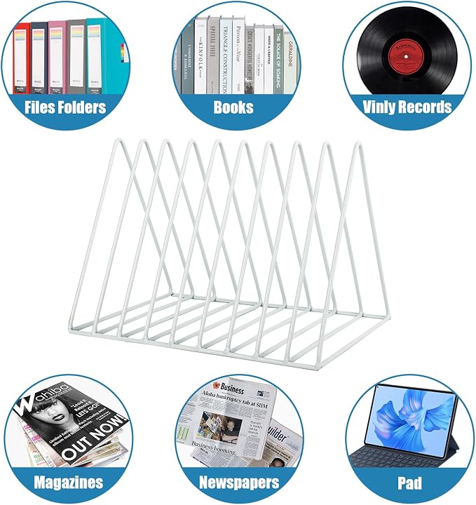 Vinyl Record Holder Storage, 9 Slot Metal Magazine Book Album Display Rack, Stylish Triangle Desktop File Sorter Organizer for Home Office, White
