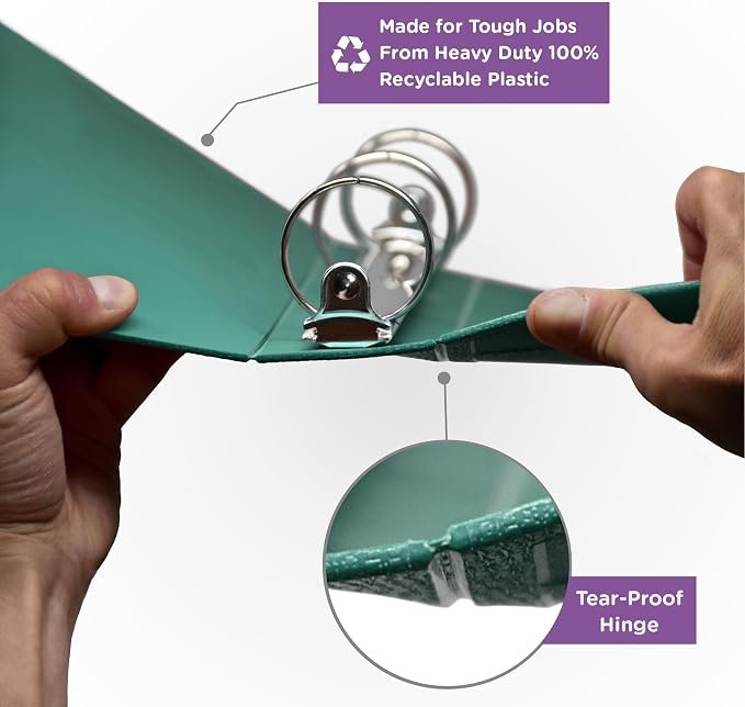 Carstens 2-Inch Heavy Duty 3-Ring Binder - Side Opening, Teal, Durable Plastic, Precision No-Gap Rings, Waterproof Covers, No Pockets, Holds 300 Letter-Sized Sheets, BPA-Free, Made in USA (5822-3R)