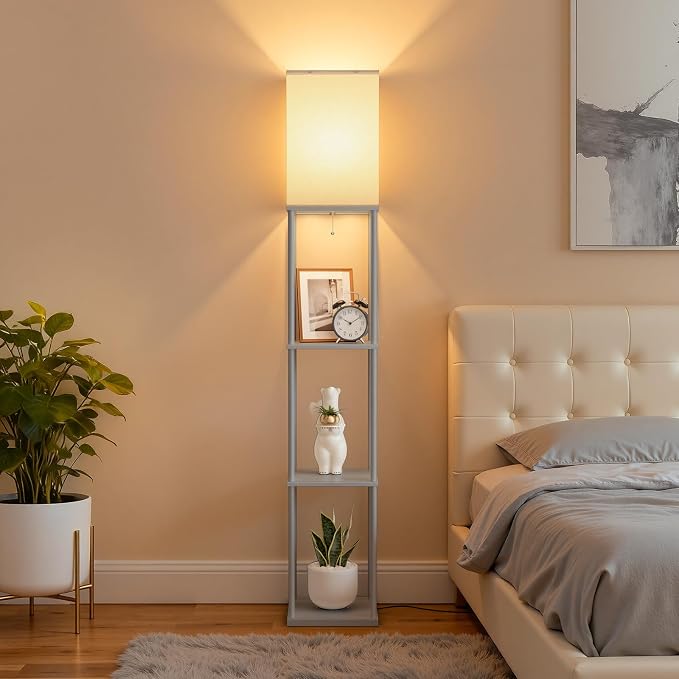 Floor Lamp with Shelves, 3-Tier Modern Square Bookshelf Standing Lamp Grey | 3 Color Temperature Bulb Included, Pull Chain Tall Lamp for Living Room Bedroom Corner Office Apartment Decor