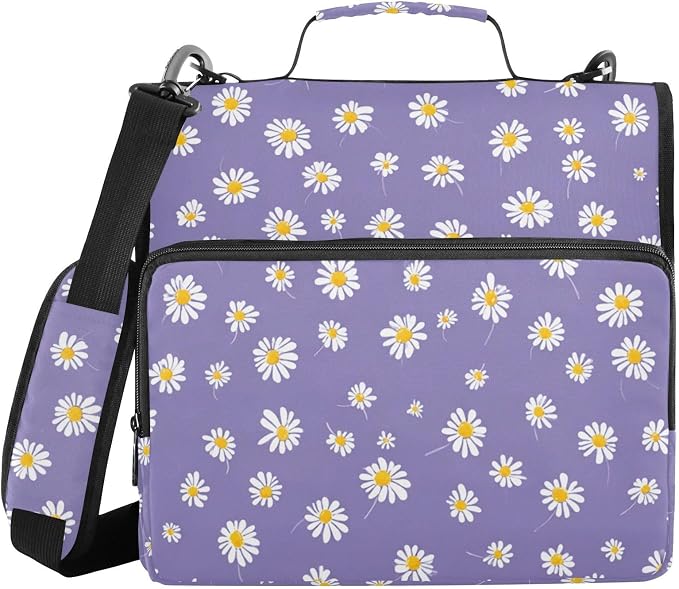 Aslsiy Zipper Binder for Girls Boys White Flowers 1.5 inch 3-Ring Binder Organizer Purple Field for School Office Supplies