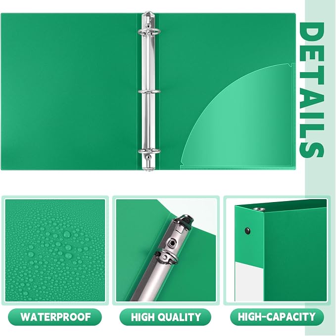 Henoyso 24 Pcs 1.5 Inch 3 Ring Binders, Letter Size,Green | Binders Bulk, Holds 350 Sheets, Round Rings, Durable Flexible PP Plastic Covers, Pockets Labels, School Office Supplies
