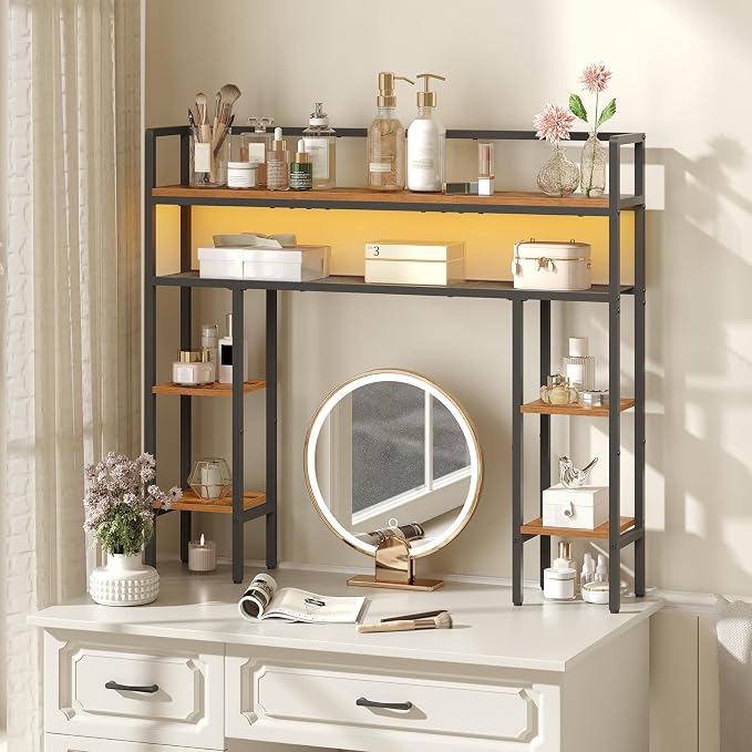 MAHANCRIS Desk Shelf, 43.3" Desk Hutch with Light Strip | Office Desktop Organizer, 5 Tier Desktop Bookshelf for Computer Monitor, Storage Rack for Study, Home Office, Rustic Brown