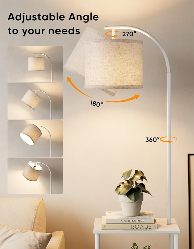 Floor Lamp with Table, Night Stand with Lamp, Narrow Side Table with 3CCT LED Bulb, Small Coffee Table, Modern End Table with Storage Shelves for Living Room Bedroom Home Décor, White