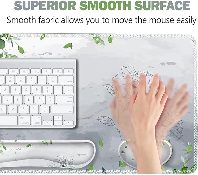 Gaming Mouse Pad Wrist Support Set, XXL Large Desk Mat Mousepad + Keyboard Wrist Support+ Mouse Wrist Rest+Coaster 4in1 Ergonomic, Memory Foam -Green Leaves and Line Flower