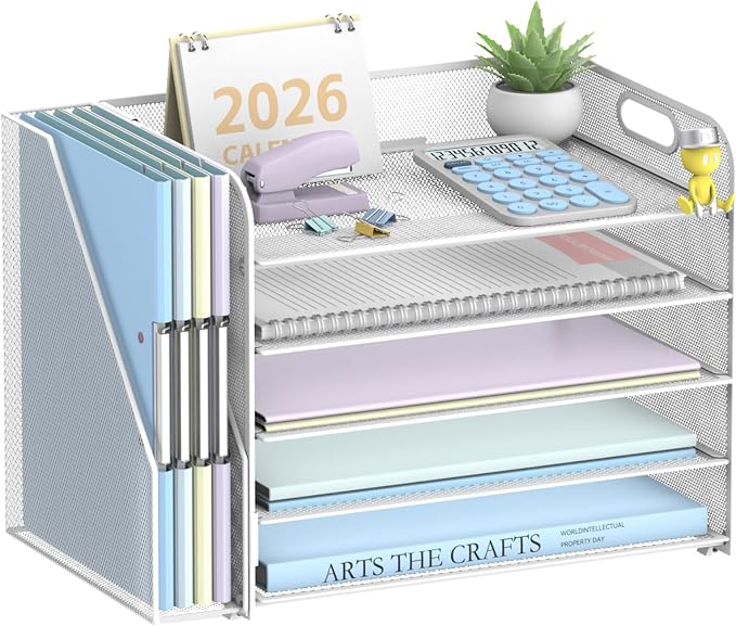 5-Tier Desk Organizer with File Holder, Paper Organizer for Desk, White | 5 Letter Trays and Vertical File Holder with Metal Mesh Frame for Papers Folders Books and Mail in Office Home or School