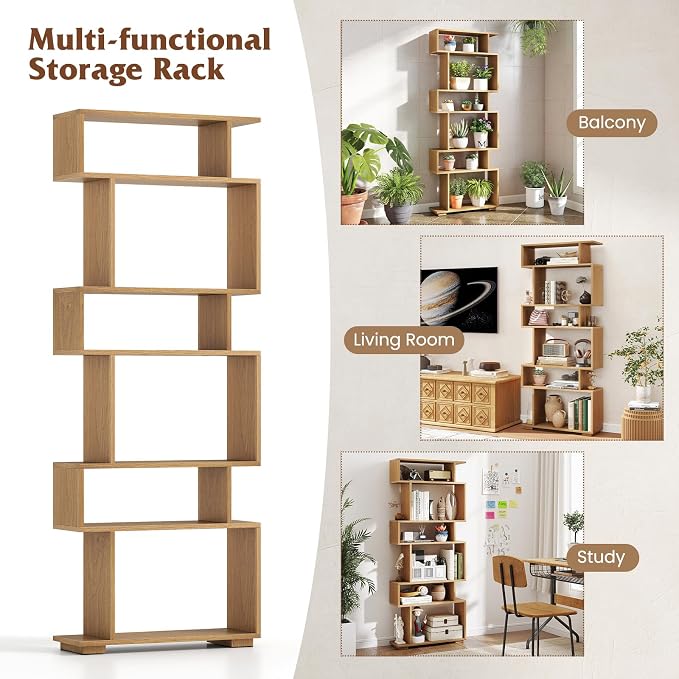 Tangkula 6-Tier S-Shaped Bookshelf, 64" Freestanding Geometric Bookcase, Home Office Wood Storage Shelf with Anti-Toppling Device, Room Divider Display Rack for Study, Living Room (1, Natural)