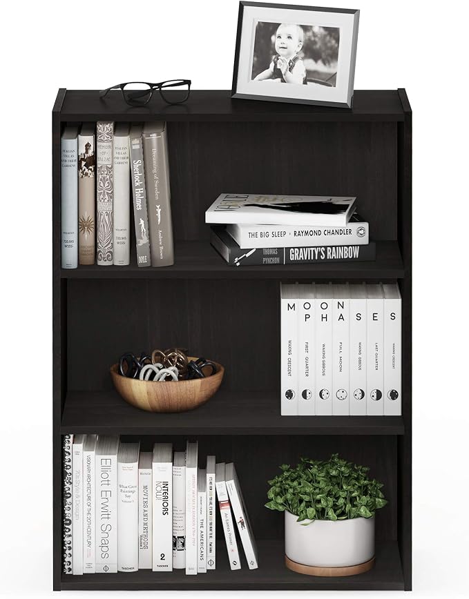 Furinno PASIR Book Shelf, 3-Tier Bookshelf, Storage Shelves Bookcase, 9.7 x 23.7 x 31.5, for Living Room, Bedroom, Home Office, Espresso