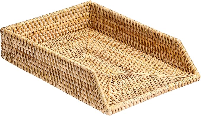 BTSKY Rattan Letter Tray for A4 File Desk Mail Letter Letter-Size Paper, Basket Woven Organizer, Office Document Organizer and Storage, Desk File Organizer Paper Tray, Paper Holder 13x10.3x2.8 Inch