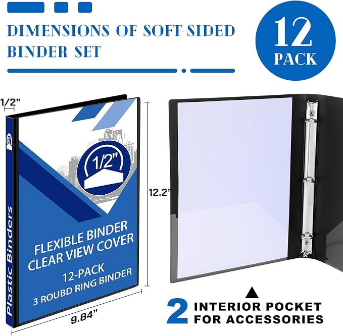Fulmoon 12 Pcs Economy View 3 Ring Plastic Binder 12.2 x 9.8 Inch Plastic Round Ring Binders with Pockets Notebinder for Meetings for Home, Office, School (Black,1/2 Inch)
