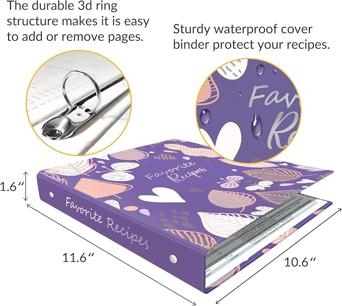 Recipe Binder with Plastic Sleeves, 8.5x11 3 Ring Blank Recipe Book Binder | Premium recipe binder kit with waterproof cover, sleeves, cards, dividers and gift box for preserving recipes-Iris Violet.