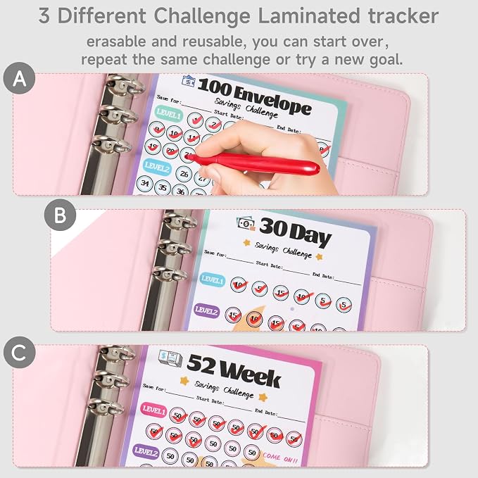 2 Pack 100 Envelopes Money Saving Challenge, Cash Budget Planner A5 Binder | Savings Challenges Book Organizer Folder with 3 Tracker to Save $5,050 $2,600 $300, 100 Pre-numbered Pockets, Black & Red