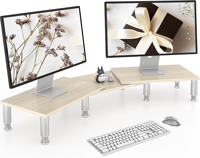 Dual Monitor Riser - Adjustable Length & Angle, Wooden Stand for 2 Monitors with Storage