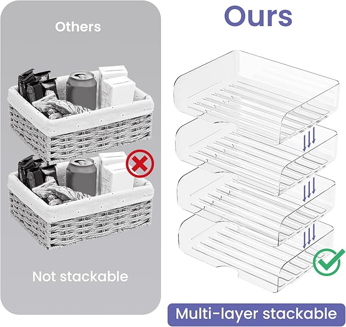 Tomorotec 4 Pack Clear Stackable Letter Tray, A4 Desk File Organizer Set | Durable PET Anti-Skid Base For Home, School Or Office Document Paper Storage. Side Load Access Design, Landscape