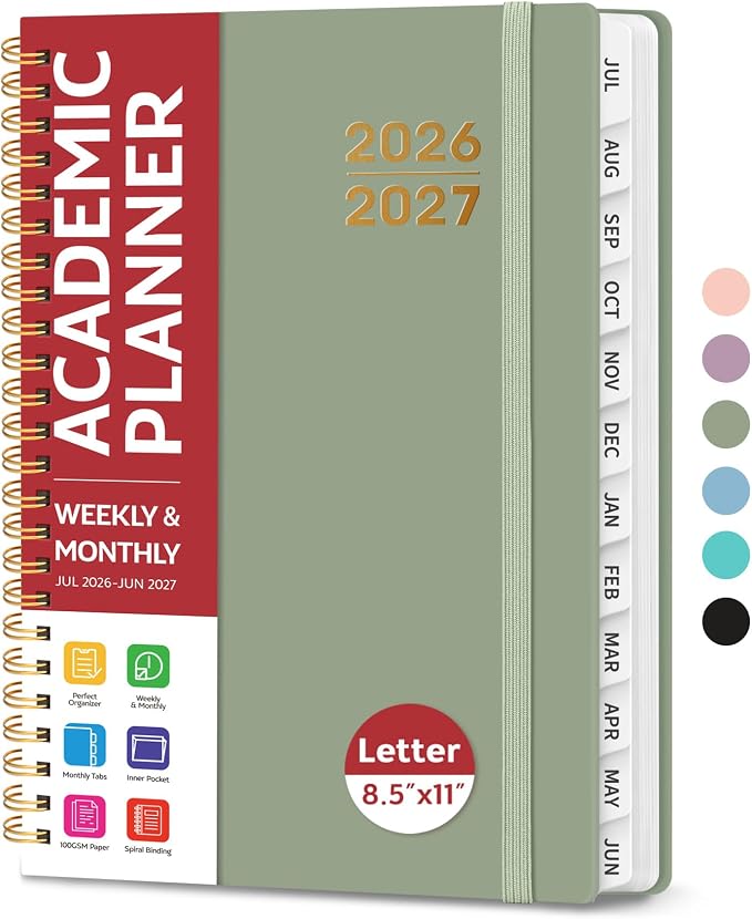 Taja Planner 2026-2027, Jul 2026-Jun 2027 Monthly & Weekly Calendar Book | 8.5" x 11", Hardcover Academic Calendar with Tabs, Teacher Student Agenda Book for School Office Supplies - Green