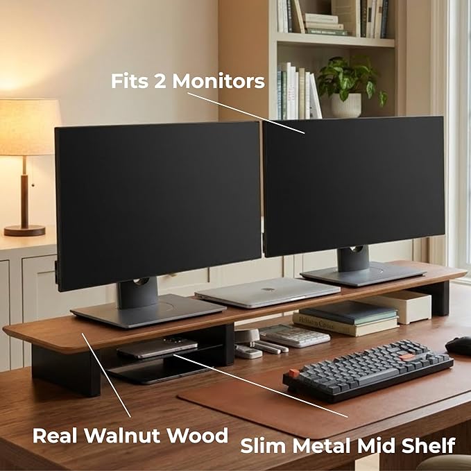 Walnut Monitor Stand for Desk (44 Inch) Large Monitor Stands for 2 Monitors, Desk Shelf for Top of Desk Walnut Monitor Shelf