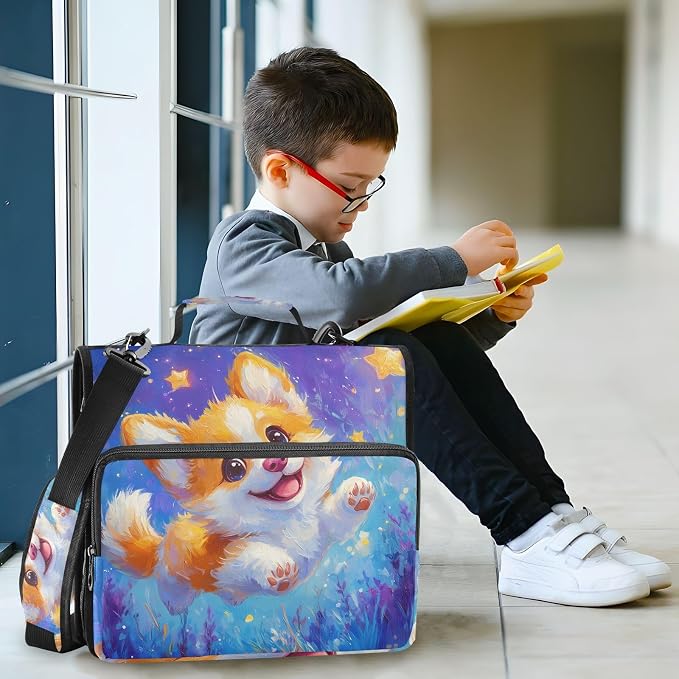 Corgi Dog Star Cartoon Zipper Binder Bag 3 Ring Binder with Shoulder Strap Zip Up 500 Sheets Capacity Multi Pockets for School Office Supplies