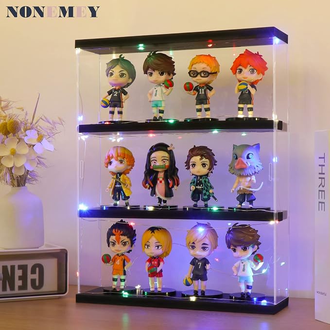 NONEMEY Clear Acrylic Display Case Stand 3 Tier Storage Box Wall Mount Showcase Dustproof Organizer Box for Collectibles (Black 3Tier 12×3.3×15inch)