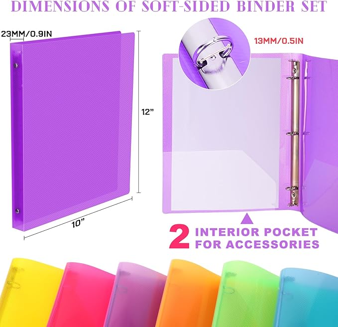 Fulmoon 6 Pack 0.5 Inch Plastic 3 Ring Binders with Pockets, Neon Colors | Flexible Covers with Round Rings and Front Pockets for Organizing Papers at School, Office, Meetings and Presentations