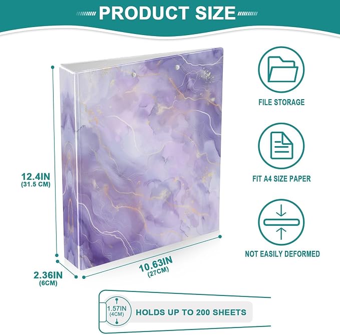 Purple Marble Texture 3-Ring Binder 1.5 Inch 2 Pack Round Ring Binder Holds 200 Sheets with 3 Inside Pockets for Office Home Organization