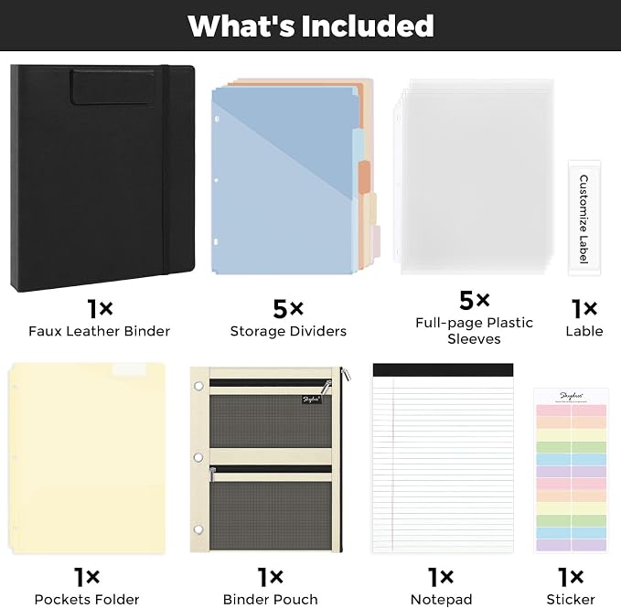 SKYDUE 3 Ring Binder with Magnetic Clipboard, 1 Inch Binder with 5 Dividers | Faux Leather Binder, Folder, Binder Pouch, Plastic Sleeves, and notepad, Ideal for Office & School Supplies Organize