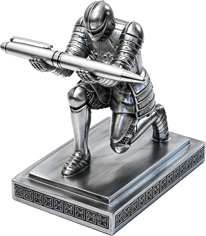 Soldier Executive Knight Pen Holder Personalized Desk Organizers Silver | Desk Accessory Pen Stand for A Gift - Decorative Resin Pencil Holders Desk Organizer For Men