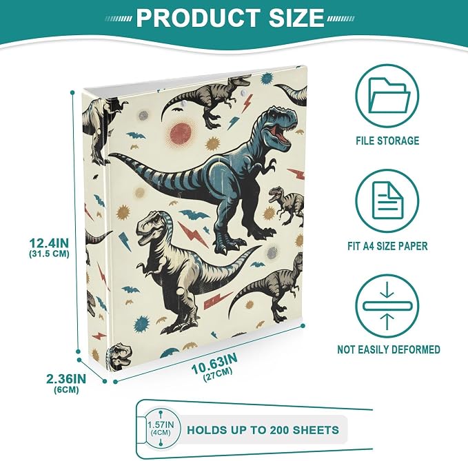 JIPONI 3 Ring Binder Dinosaurs Rex 1 Inch Round Binders for Men Women Students, Cute File Organizer for Office School, 2pcs