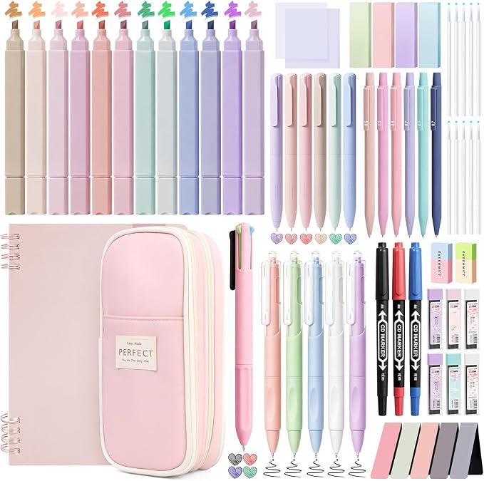 63 Pcs Pink School Supplies with Pencil Case & Notebook, Stationary Set
