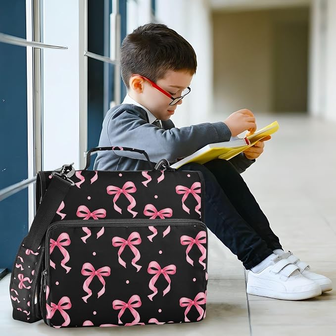 3 D-Ring Zipper Binder Bag, Pink Ribbon Bow Dots Black Pattern Removable Binder with Zipper Case Hold 300+ Sheets& 13 Inch Laptop for School Office Supplies Organizer