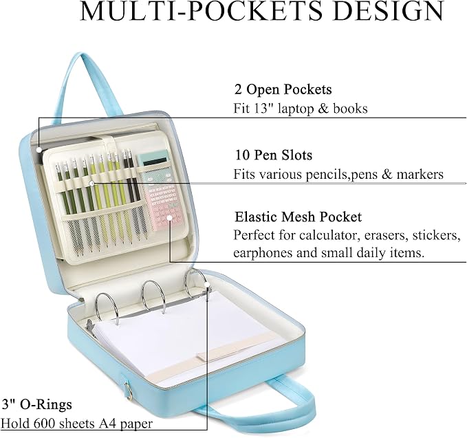Zipper Binder | 3 Inch O-Ring, 600 Sheet Capacity Trapper Keeper with Shoulder Strap & Handle, Binder Bag with Multiple Storage Pockets, Fits 13" Laptop (Blue)