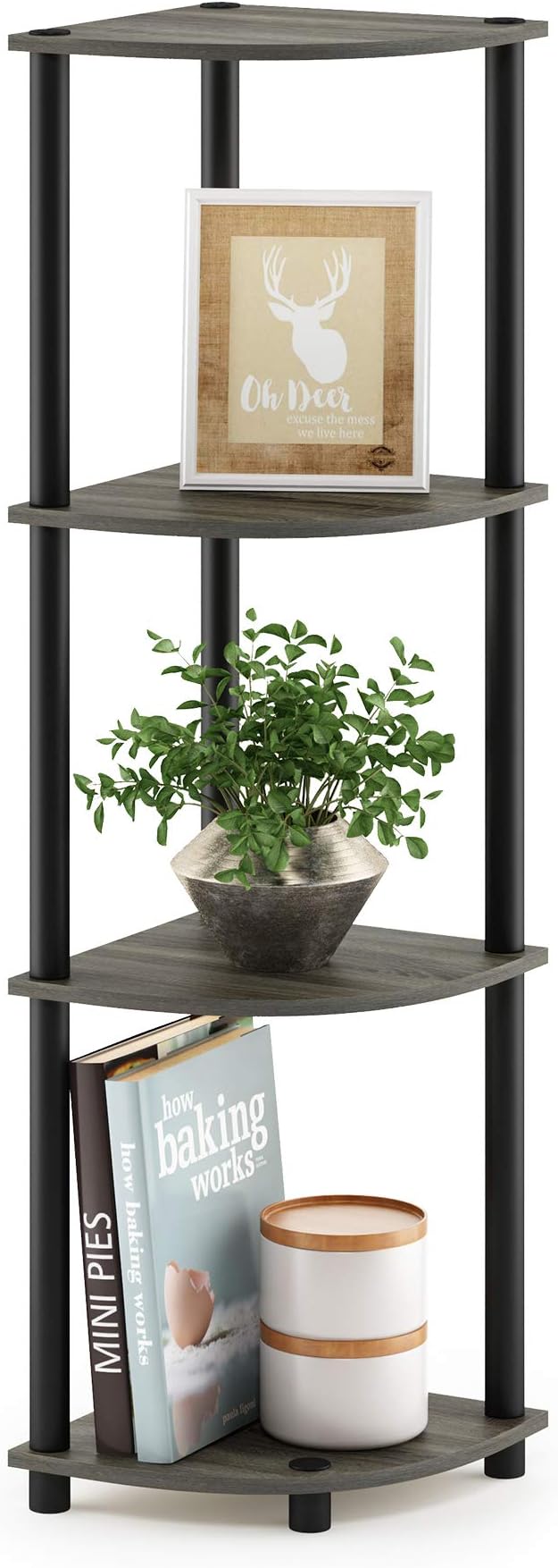 Furinno TURN-N-TUBE Corner Shelf, 4-Tier Corner Bookshelf, Display Storage Shelves with Open Shelves, for Organization and Storage, Living Room, Home Office, Garage, French Oak
