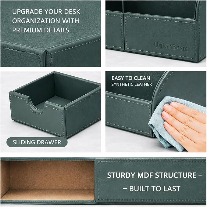 UnionBasic Desk Organizer - Multifunctional Leather Desktop Pen Holder Storage Box - Business Card/Pen/Pencil/Mobile Phone/Stationery Holder, Dark Ivy